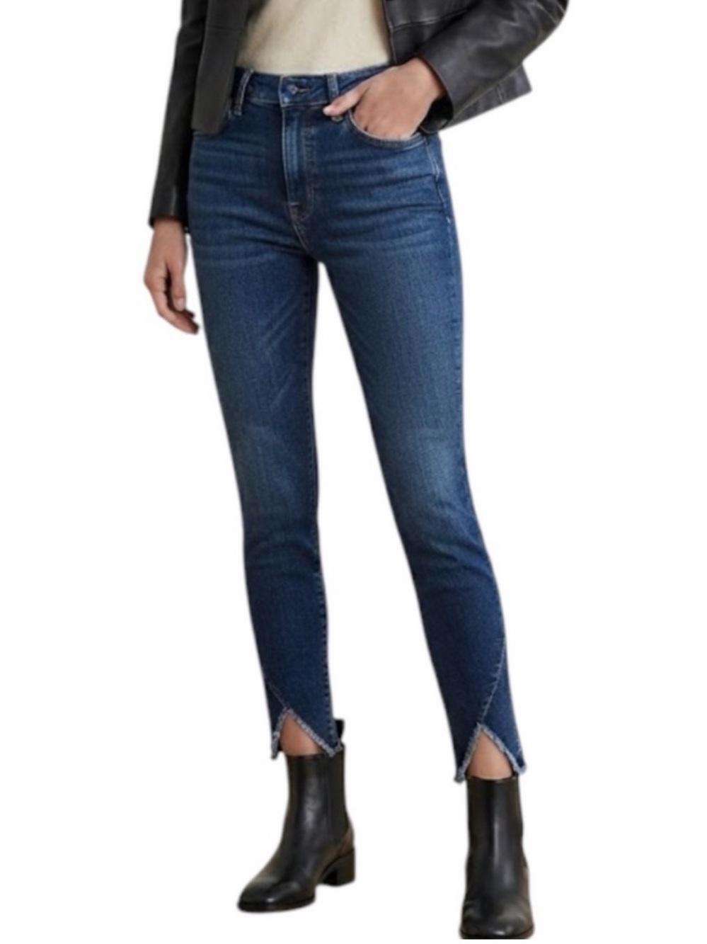 Edgy Dark Wash Raw Hem Skinny Jeans 7 For All Mankind Sz 27